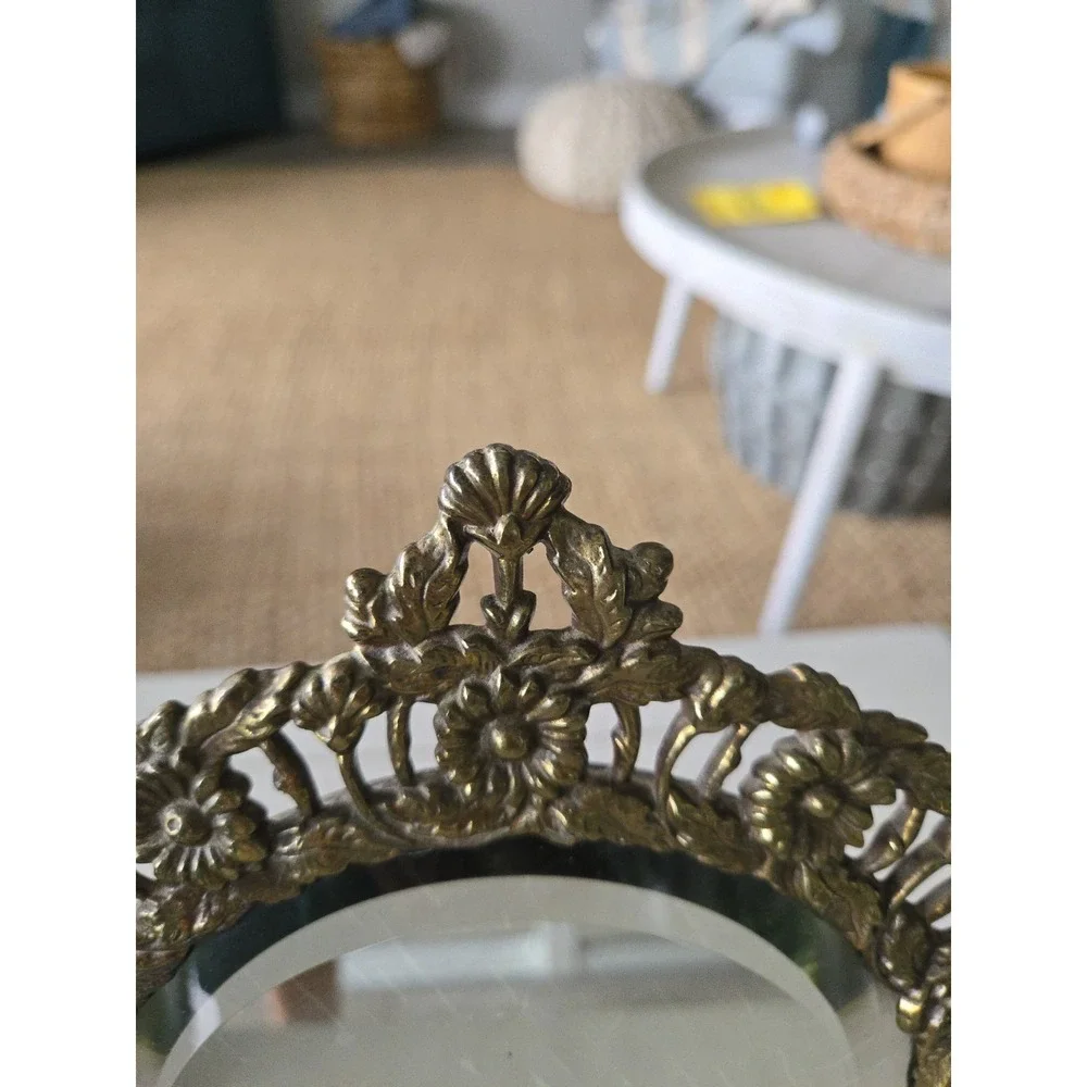 Vintage Mirror Cupids Angels  Round Cast Iron Frame Easel Back Brass Finish